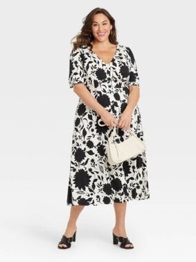 NWT Ava & Viv Midi Floral Shirt Dress Short Sleeves Black White Size 3XL